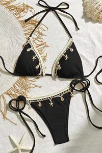 Willluxe® Seashell Trim Tie-Side Halter Bikini Set