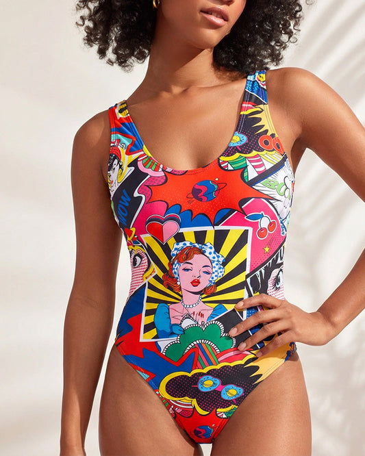 WILLLUXE® Retro Pop Art Graphic One-Piece Swimsuit