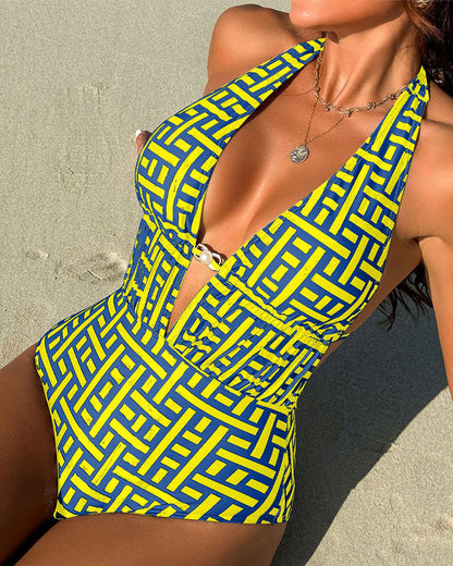 WILLLUXE® Retro Geometric Plunge Halter One-Piece Swimsuit