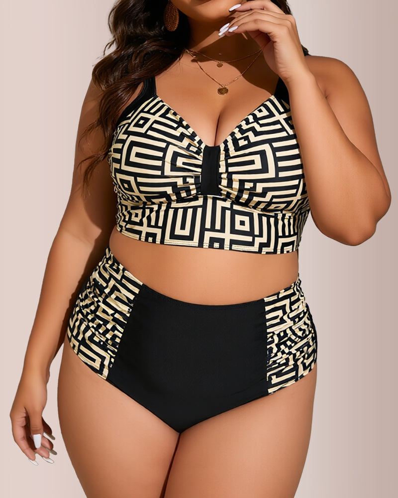 Willluxe® Plus Size High Waisted Geometric Print Bikini Set