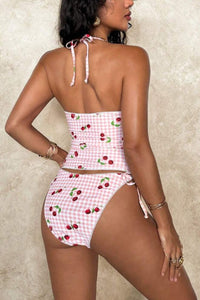 Willluxe® Sweet Cherry Grid Print Cute 2 Piece Bikini Set
