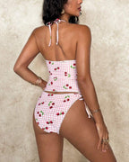 Willluxe® Sweet Cherry Grid Print Cute 2 Piece Bikini Set