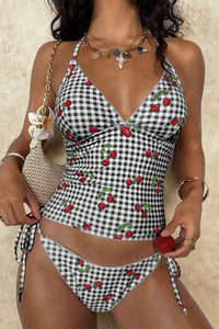 Willluxe® Sweet Cherry Grid Print Cute 2 Piece Bikini Set