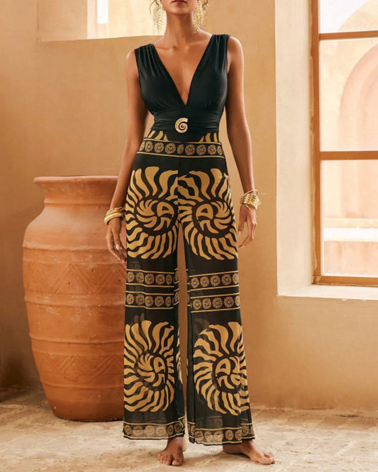 WILLLUXE® Retro Spiral Textured One Piece Swimsuit with Cover Up Pants