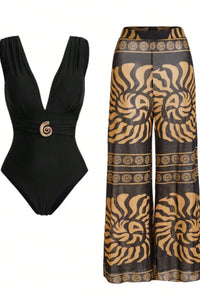 Willluxe® Retro Spiral Textured One Piece Swimsuit with Cover Up Pants