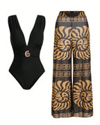 Willluxe® Retro Spiral Textured One Piece Swimsuit with Cover Up Pants