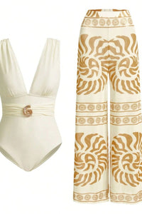 Willluxe® Retro Spiral Textured One Piece Swimsuit with Cover Up Pants