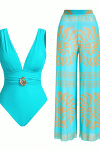 Willluxe® Retro Spiral Textured One Piece Swimsuit with Cover Up Pants