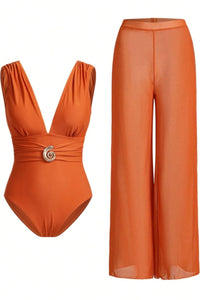 Willluxe® Retro Spiral Textured One Piece Swimsuit with Cover Up Pants