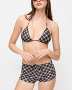 Willluxe® Halter Neckline Check Knotted Triangle Tieside Bikini Set with Coverup Shorts & Headscarf