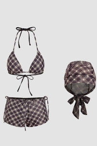 Willluxe® Halter Neckline Check Knotted Triangle Tieside Bikini Set with Coverup Shorts & Headscarf