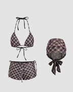 Willluxe® Halter Neckline Check Knotted Triangle Tieside Bikini Set with Coverup Shorts & Headscarf