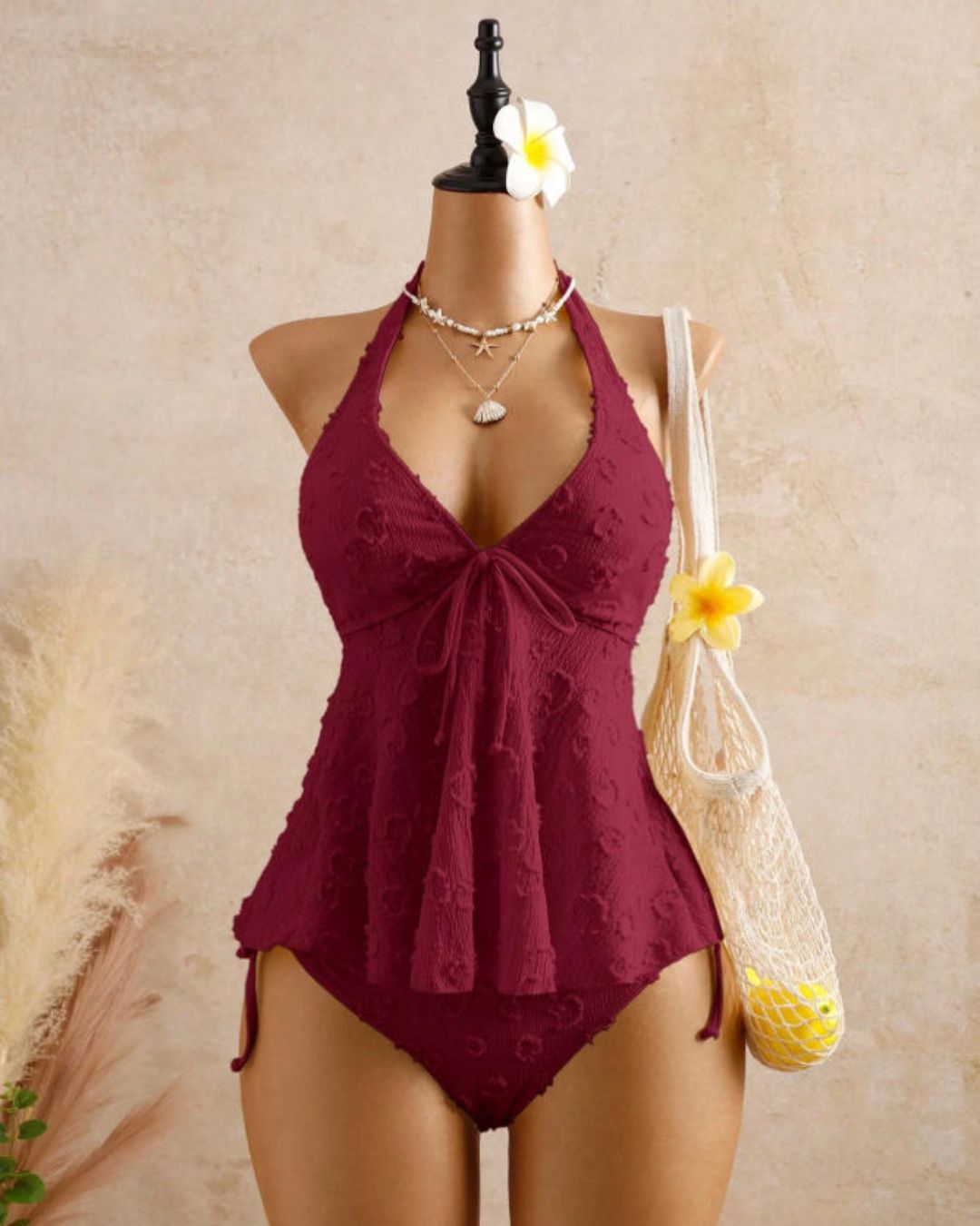 Willluxe® Girly Relaxed Vacation Polka Dot Textured Fabric Camisole Babydoll Bikini Set