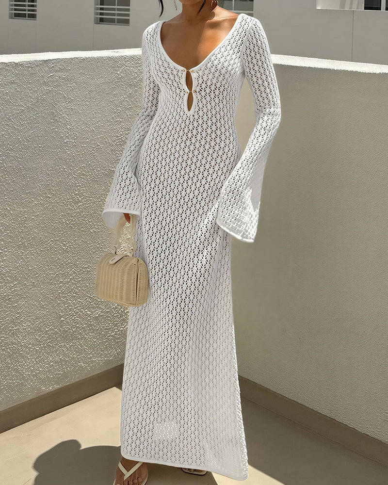 Willluxe® Bohemian Crochet Long Sleeve Maxi Beach Cover-Up Dress