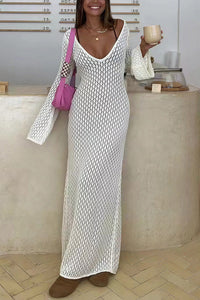 Willluxe® Bohemian Crochet Long Sleeve Maxi Beach Cover-Up Dress