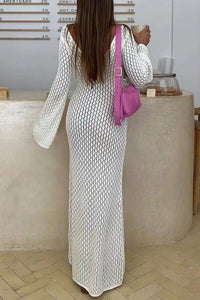 Willluxe® Bohemian Crochet Long Sleeve Maxi Beach Cover-Up Dress