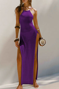 Willluxe® Double Slit Knit Halter Maxi Beach Cover-Up Dress