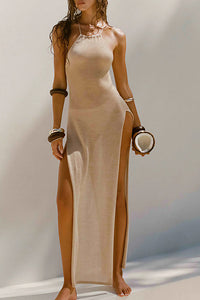 Willluxe® Double Slit Knit Halter Maxi Beach Cover-Up Dress