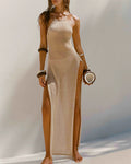 Willluxe® Double Slit Knit Halter Maxi Beach Cover-Up Dress
