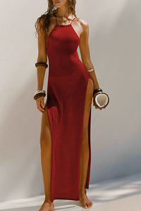 Willluxe® Double Slit Knit Halter Maxi Beach Cover-Up Dress