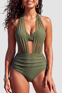 Willluxe® Mesh Halter Plunge Tummy Control One-Piece Swimsuit