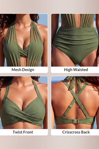 Willluxe® Mesh Halter Plunge Tummy Control One-Piece Swimsuit