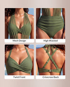 Willluxe® Mesh Halter Plunge Tummy Control One-Piece Swimsuit