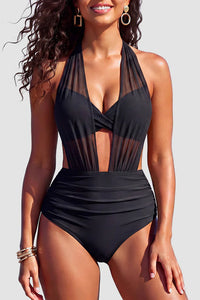 Willluxe® Mesh Halter Plunge Tummy Control One-Piece Swimsuit