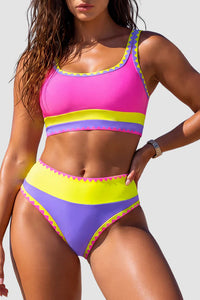 Willluxe® Neon Color Block 3-Piece High-Waisted Bikini Set With Skirt