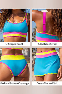 Willluxe® Neon Color Block 3-Piece High-Waisted Bikini Set With Skirt