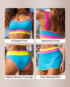 Willluxe® Neon Color Block 3-Piece High-Waisted Bikini Set With Skirt