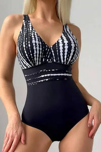 Willluxe® Chic Striped Colorblock One-Piece Swimsuit with Waist Detail