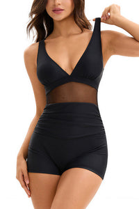 Willluxe® V-Neck Mesh Panel Boyleg One-Piece Swimsuit