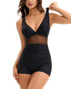 Willluxe® V-Neck Mesh Panel Boyleg One-Piece Swimsuit