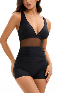 Willluxe® V-Neck Mesh Panel Boyleg One-Piece Swimsuit