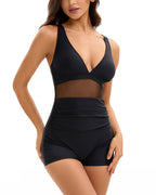 Willluxe® V-Neck Mesh Panel Boyleg One-Piece Swimsuit