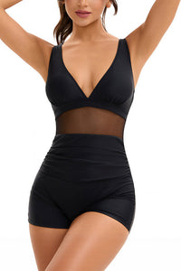 Willluxe® V-Neck Mesh Panel Boyleg One-Piece Swimsuit
