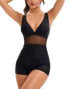 Willluxe® V-Neck Mesh Panel Boyleg One-Piece Swimsuit