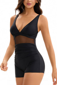 Willluxe® V-Neck Mesh Panel Boyleg One-Piece Swimsuit