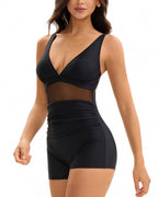 Willluxe® V-Neck Mesh Panel Boyleg One-Piece Swimsuit
