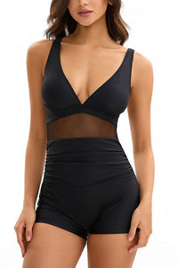 Willluxe® V-Neck Mesh Panel Boyleg One-Piece Swimsuit