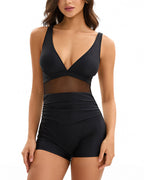 Willluxe® V-Neck Mesh Panel Boyleg One-Piece Swimsuit