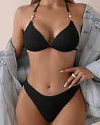 Willluxe® Textured Pearl Strap Halter Bikini Set