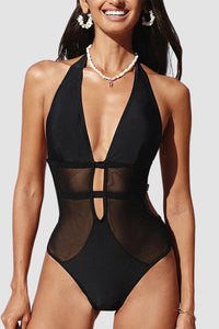 Willluxe® Deep V Halter Mesh Cutout One-Piece Swimsuit