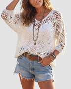 Willluxe® V-Neck Crochet Knit Sweater Hollow Out Batwing Sleeve Cover Up