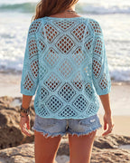 Willluxe® V-Neck Crochet Knit Sweater Hollow Out Batwing Sleeve Cover Up