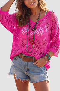 Willluxe® V-Neck Crochet Knit Sweater Hollow Out Batwing Sleeve Cover Up
