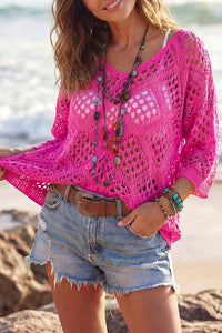 Willluxe® V-Neck Crochet Knit Sweater Hollow Out Batwing Sleeve Cover Up