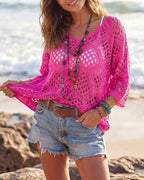 Willluxe® V-Neck Crochet Knit Sweater Hollow Out Batwing Sleeve Cover Up