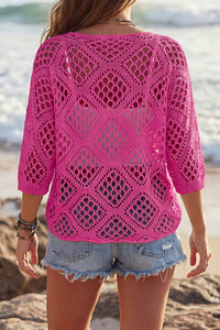 Willluxe® V-Neck Crochet Knit Sweater Hollow Out Batwing Sleeve Cover Up